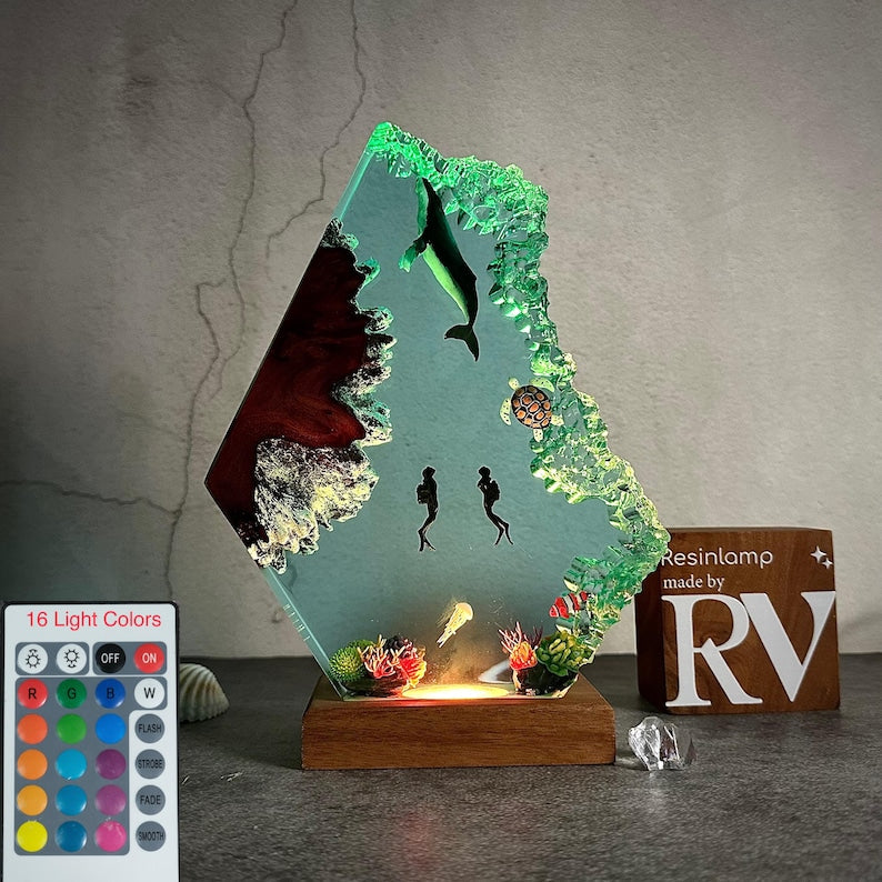 Epoxy Resin Ocean Lamp: Whale, Divers, and Sea Life Night Light