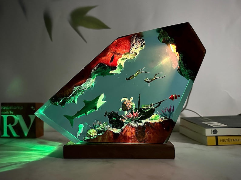 Custom Great white shark & Couple Diver wood lamp, Ocean Lamp, Deep Blue Sea