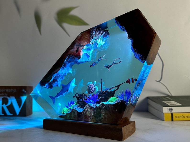 Custom Great white shark & Couple Diver wood lamp, Ocean Lamp, Deep Blue Sea