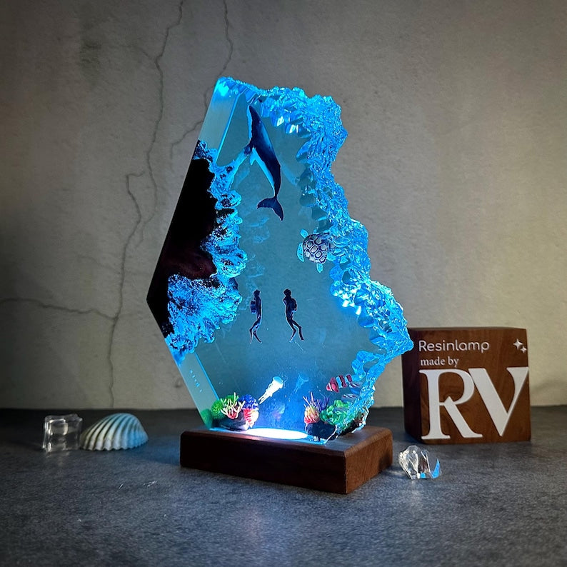 Epoxy Resin Ocean Lamp: Whale, Divers, and Sea Life Night Light