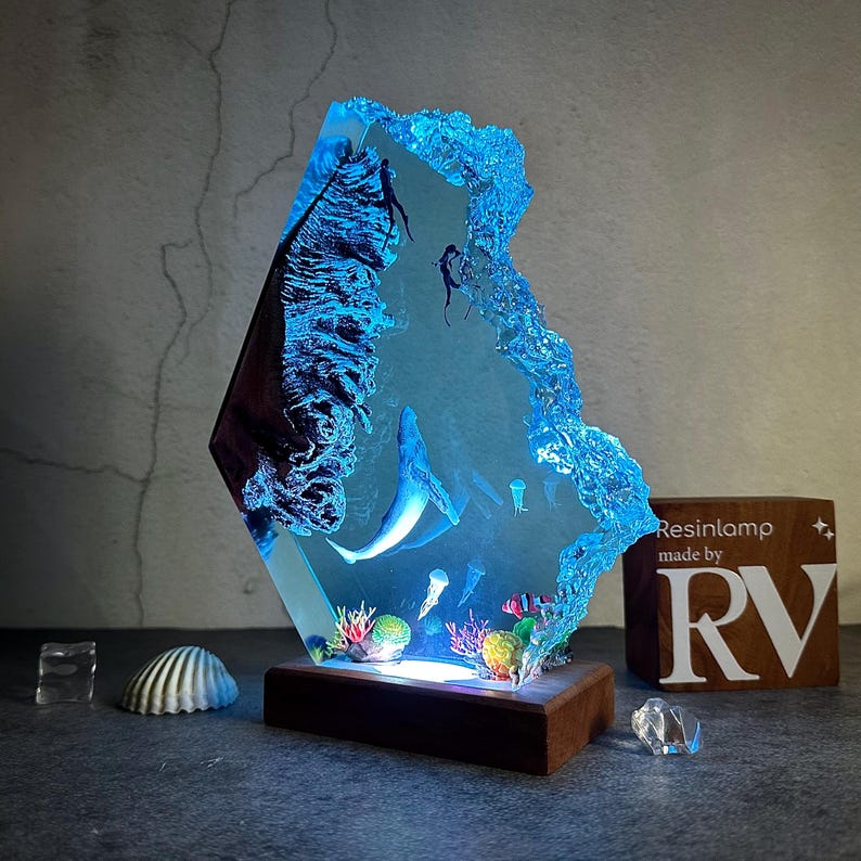 Epoxy Resin Ocean Lamp: Whale & Diver Wood Night Light
