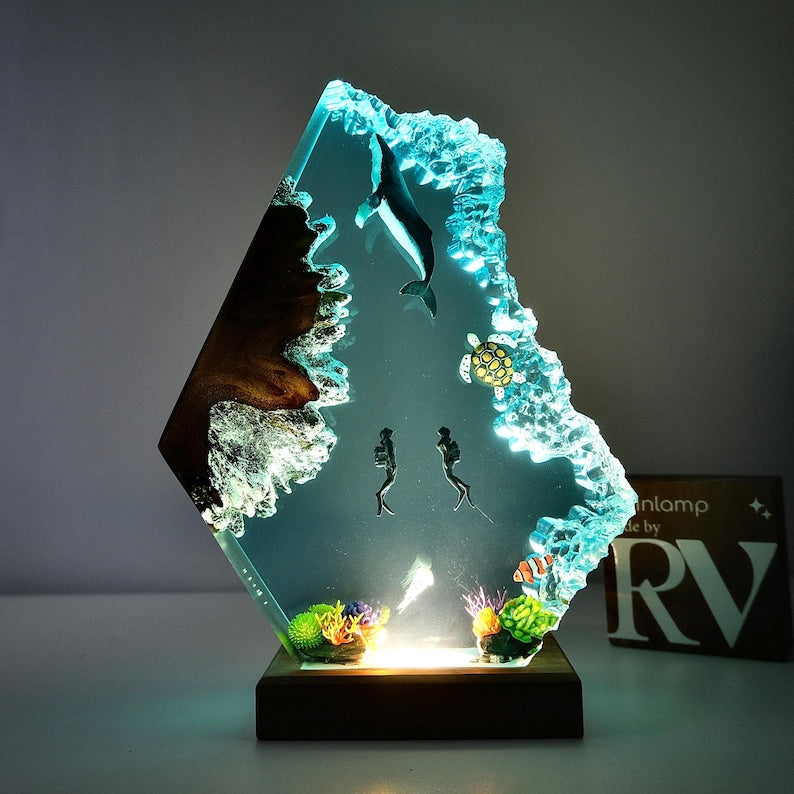 Epoxy Resin Ocean Lamp: Whale, Divers, and Sea Life Night Light