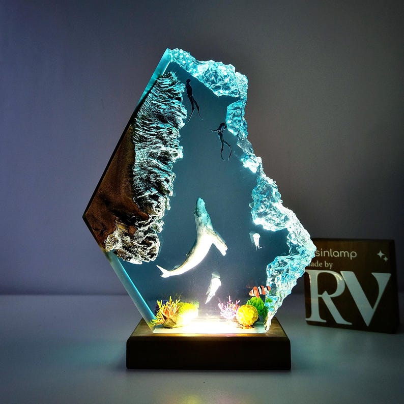Epoxy Resin Ocean Lamp: Whale & Diver Wood Night Light