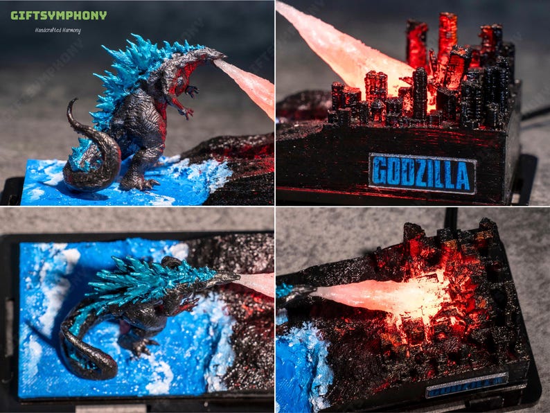 Miniature Monster Light Box – Handcrafted Godzilla Figure with LED Light, handmade gifts