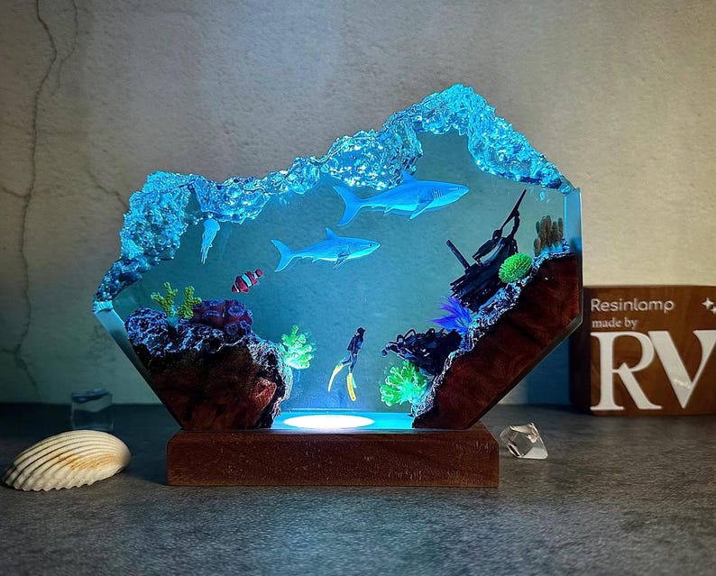 Custom Great White Shark and scuba resin lamp, SCUBA DIVER Epoxy Lamp, ocean night light