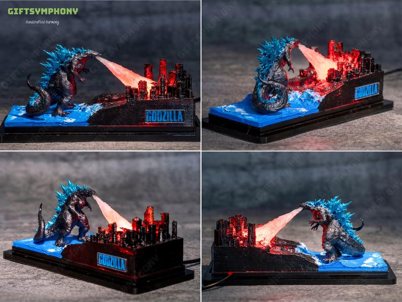 Miniature Monster Light Box – Handcrafted Godzilla Figure with LED Light, handmade gifts
