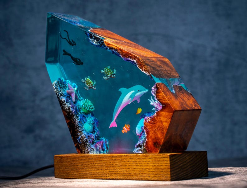 Dolphin Ocean Resin Lamp, sea turtles & couple diver night light