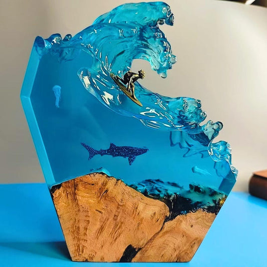 Surfer Resin Night Light-Handmade Epoxy Resin Lamp-Diorama Ocean Resin Night Light