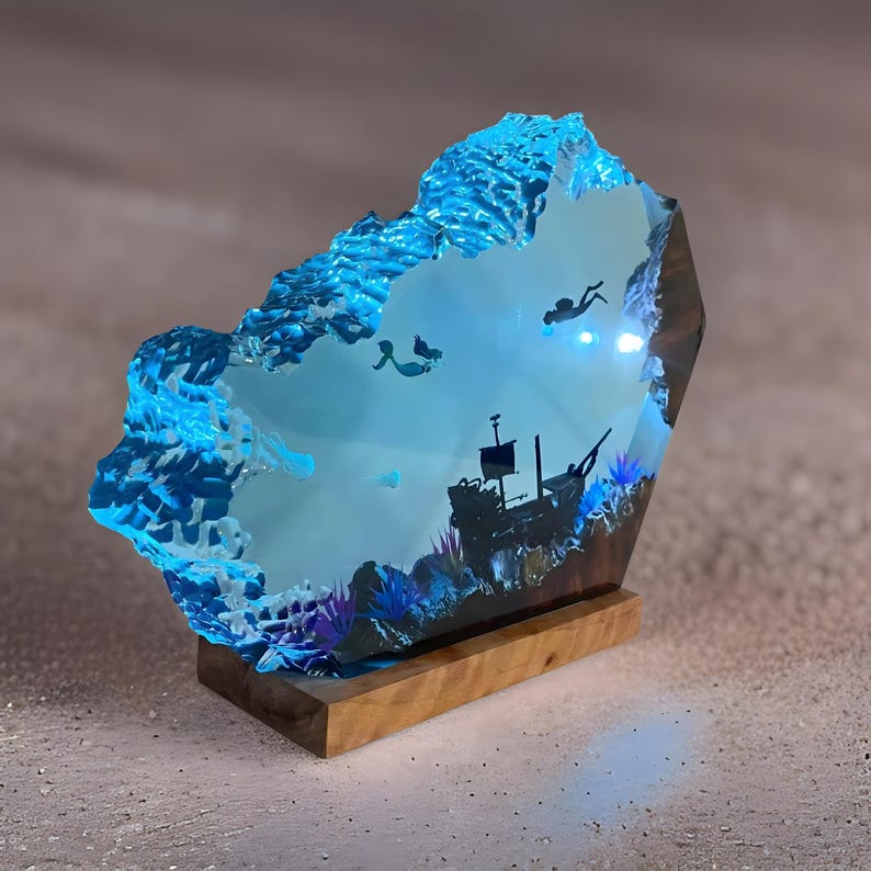 Mermaid & Sunken Ship Resin Night Light: Ocean Art Lamp