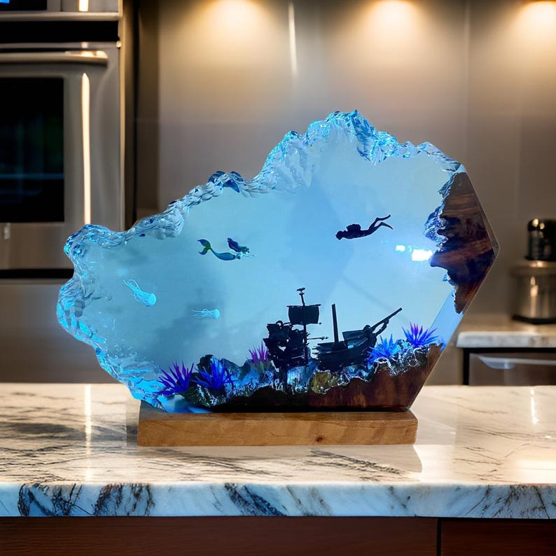 Mermaid & Sunken Ship Resin Night Light: Ocean Art Lamp
