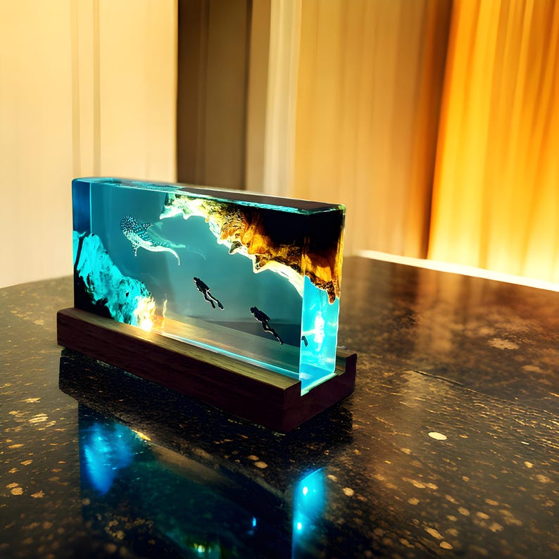 Deep Sea Resin Lamp: Whale, Scuba Divers, LED Night Light