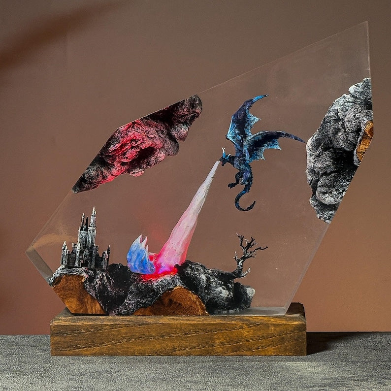 Epoxy Resin Dragon Lamp – Blue Fantasy LED Light with Castle & Fire Breath, Handmade Epoxy Art