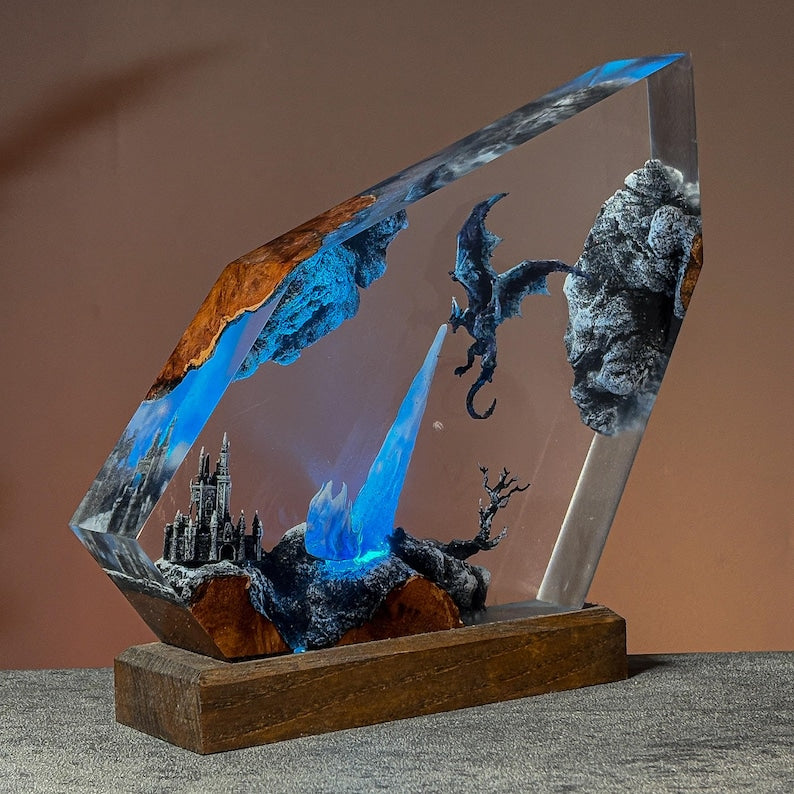 Epoxy Resin Dragon Lamp – Blue Fantasy LED Light with Castle & Fire Breath, Handmade Epoxy Art