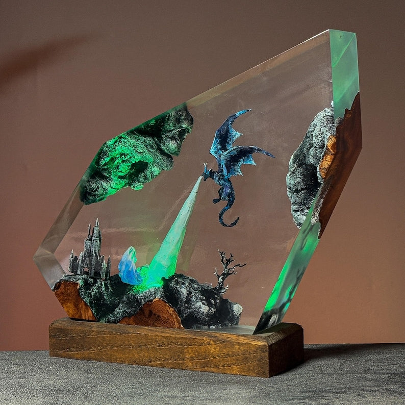 Epoxy Resin Dragon Lamp – Blue Fantasy LED Light with Castle & Fire Breath, Handmade Epoxy Art
