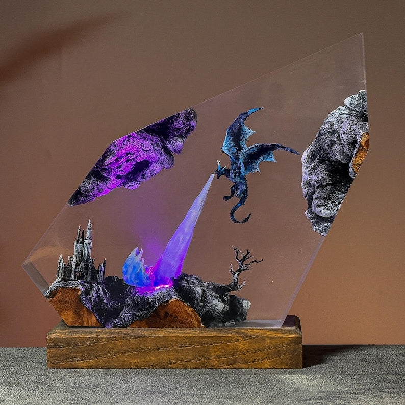 Epoxy Resin Dragon Lamp – Blue Fantasy LED Light with Castle & Fire Breath, Handmade Epoxy Art