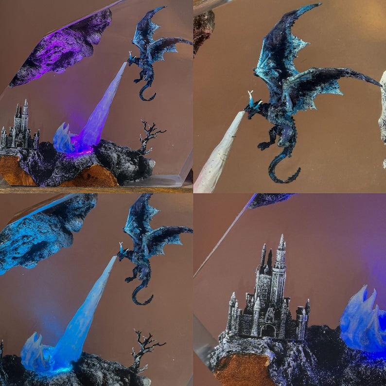 Epoxy Resin Dragon Lamp – Blue Fantasy LED Light with Castle & Fire Breath, Handmade Epoxy Art