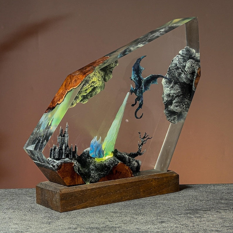 Epoxy Resin Dragon Lamp – Blue Fantasy LED Light with Castle & Fire Breath, Handmade Epoxy Art