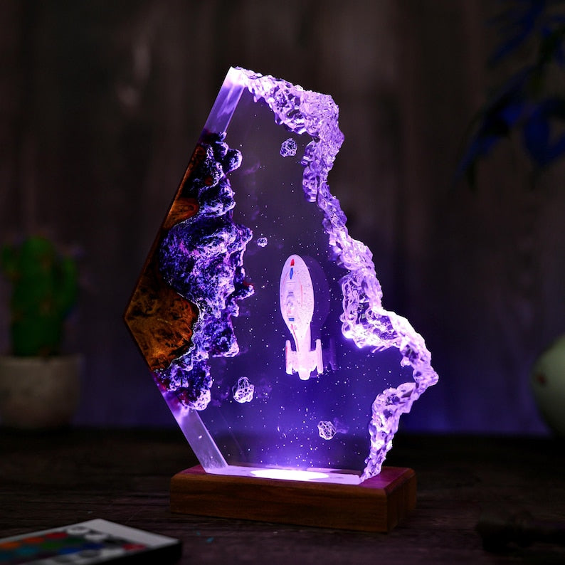 Custom Star Trek USS Voyager Lamp: Resin & Wood Spacecraft Night Light