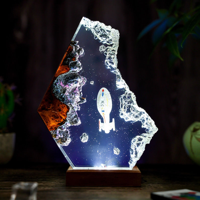 Custom Star Trek USS Voyager Lamp: Resin & Wood Spacecraft Night Light