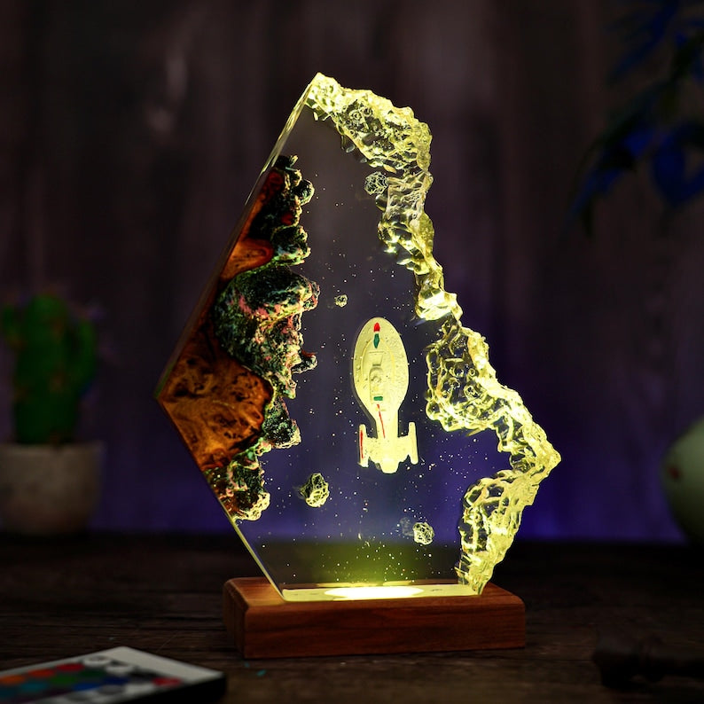 Custom Star Trek USS Voyager Lamp: Resin & Wood Spacecraft Night Light