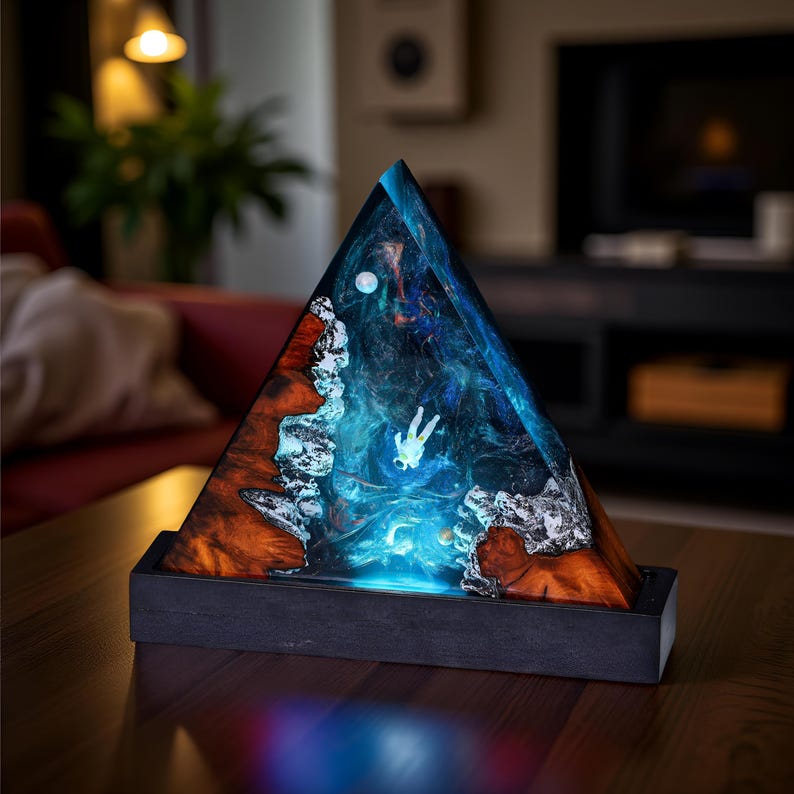 Galaxy Resin Night Light, Astronaut Epoxy Lamp, Handmade Resin Wood Lamp, Space Themed Night Light