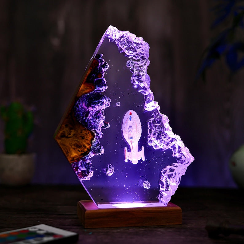 Custom Star Trek USS Voyager Lamp: Resin & Wood Spacecraft Night Light