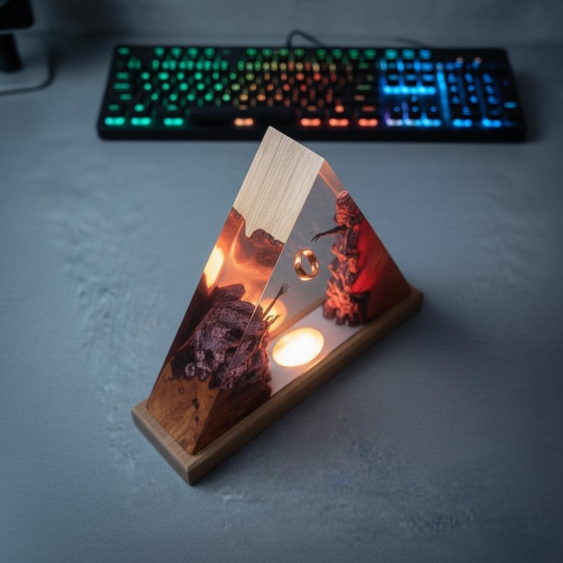 Handmade Resin Pyramid Lamp with Floating Ring | Unique Wooden Epoxy Art Night Light