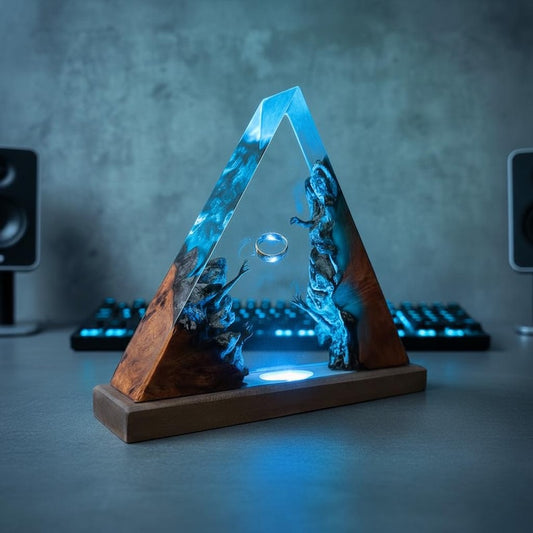 Handmade Resin Pyramid Lamp with Floating Ring | Unique Wooden Epoxy Art Night Light