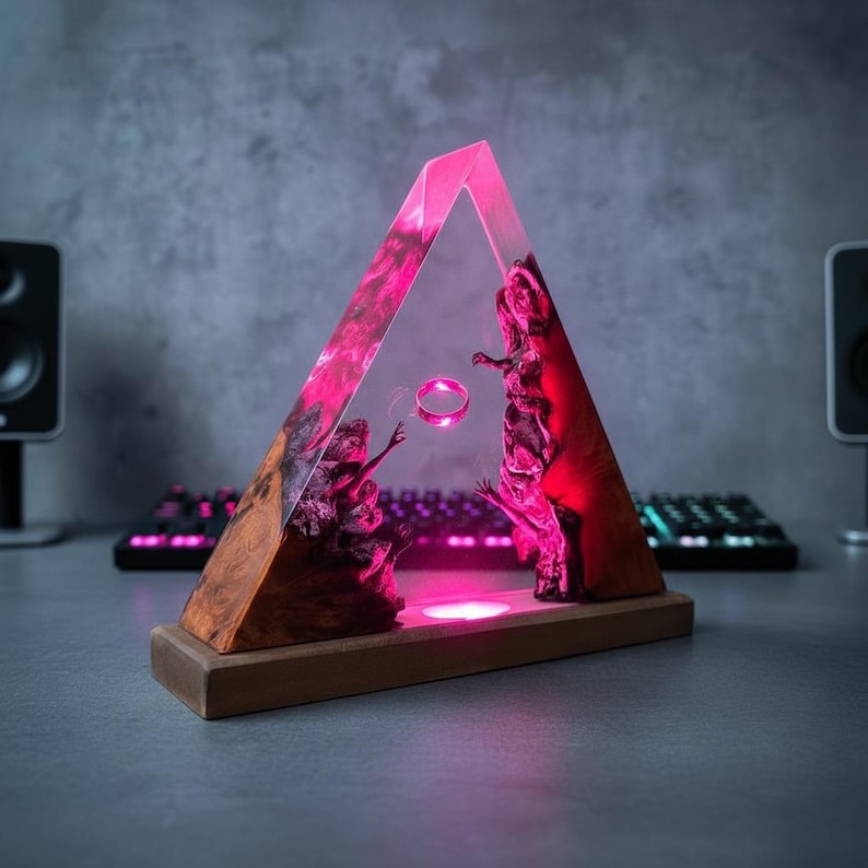 Handmade Resin Pyramid Lamp with Floating Ring | Unique Wooden Epoxy Art Night Light