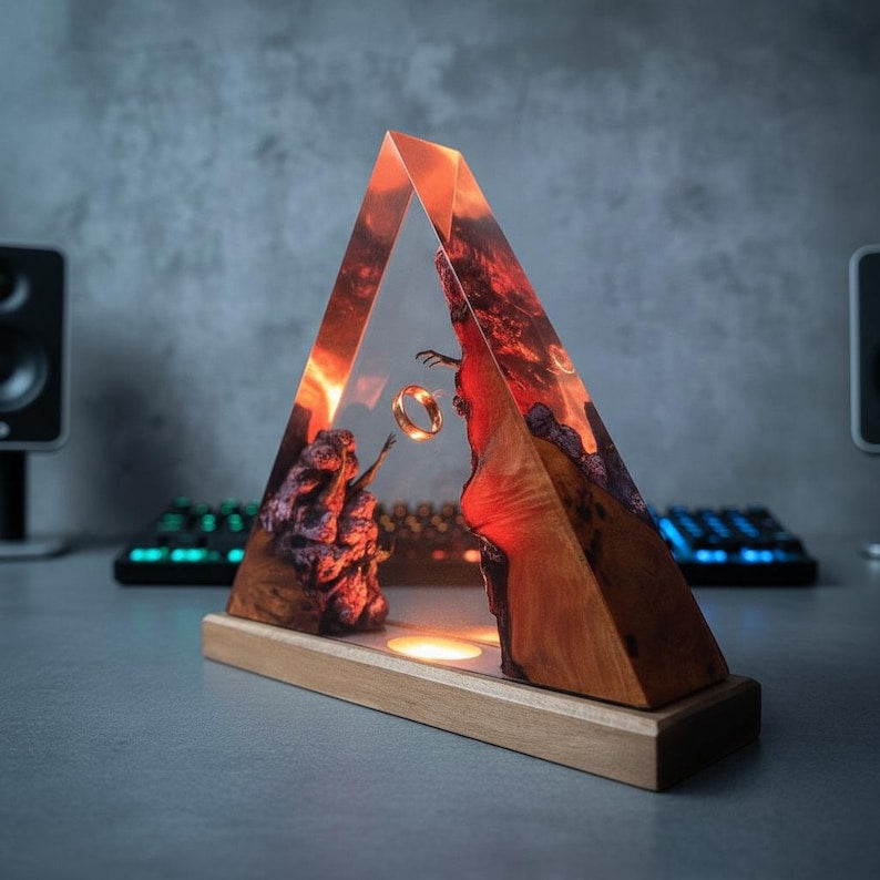 Handmade Resin Pyramid Lamp with Floating Ring | Unique Wooden Epoxy Art Night Light