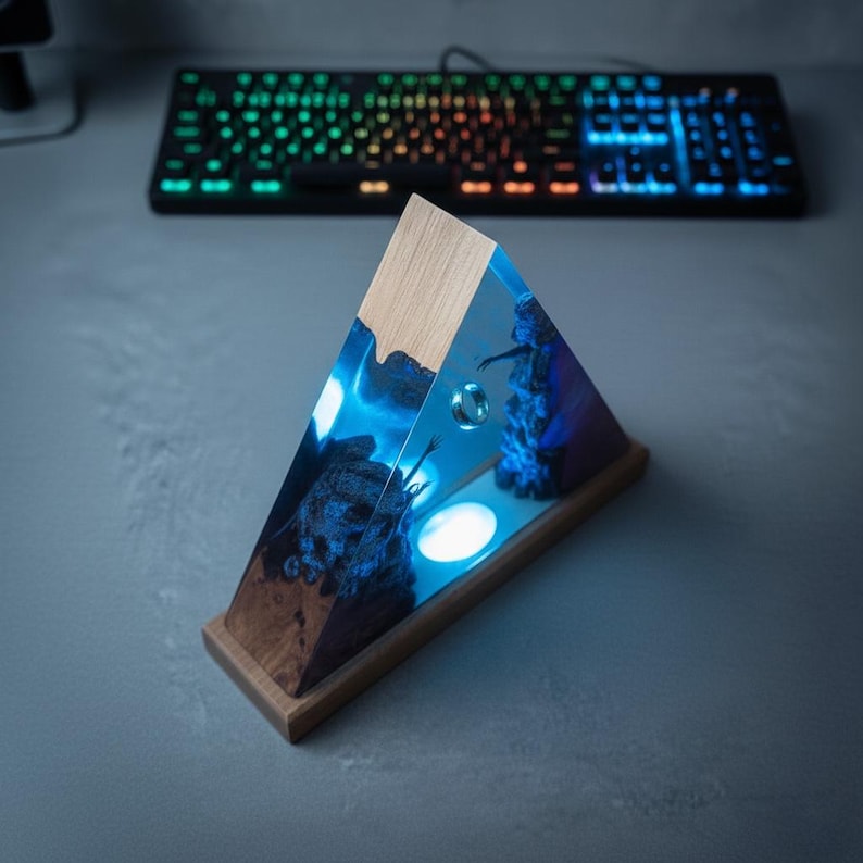 Handmade Resin Pyramid Lamp with Floating Ring | Unique Wooden Epoxy Art Night Light