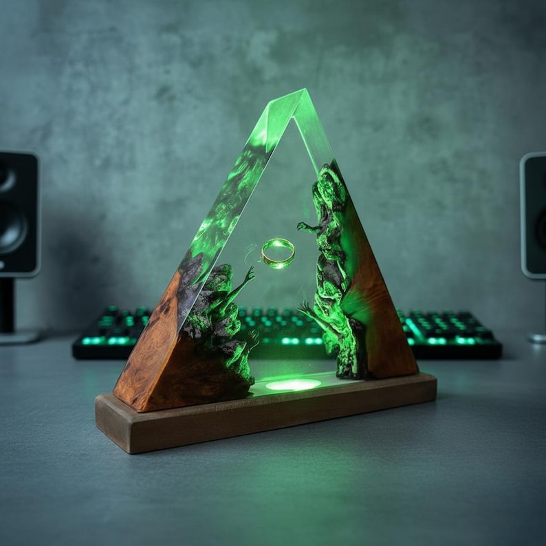 Handmade Resin Pyramid Lamp with Floating Ring | Unique Wooden Epoxy Art Night Light